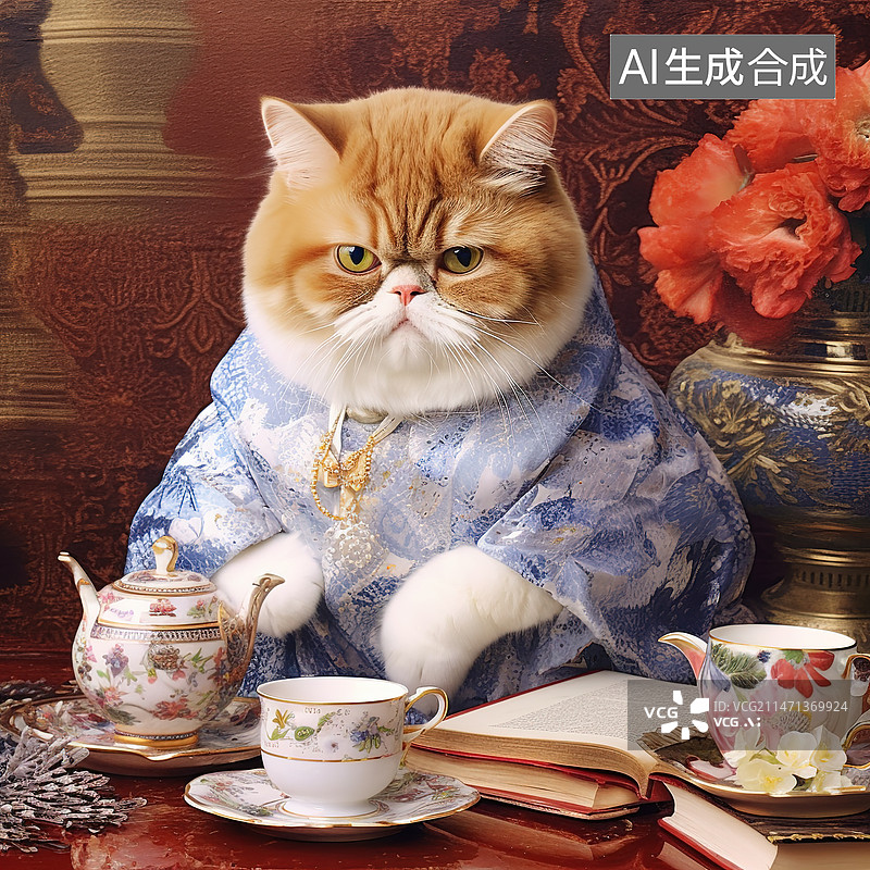 【AI数字艺术】喝下午茶的猫图片素材