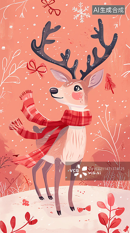 【AI数字艺术】驯鹿带着红围巾新年主题插画图片素材
