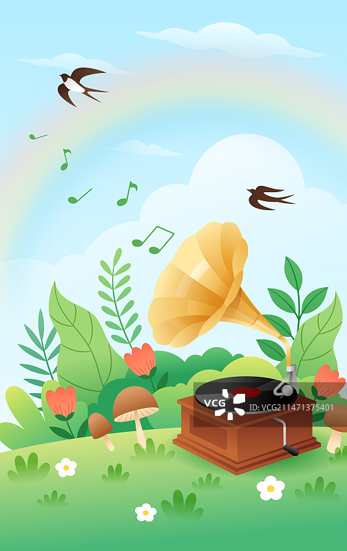 春天草坪上的黑胶唱片留声机音乐播放器和蓝天花丛草地等自然户外景色装饰清新手绘音乐节矢量宣传插画海报图片素材