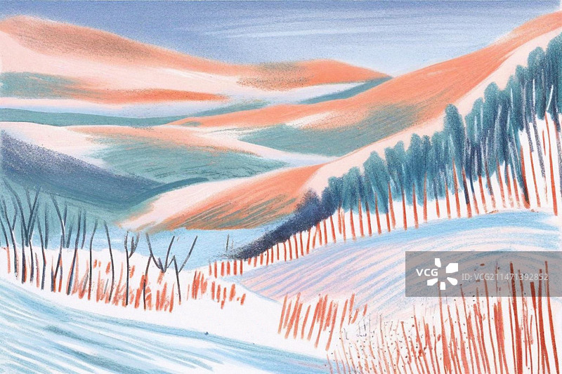 节气大雪小雪大寒冬天下雪自然山树木雪景唯美蜡笔彩铅手绘插画图片素材