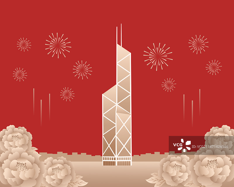 红金香港中银大厦矢量插画，香港庆典插画，牡丹烟花国庆节春节新年中秋图片素材