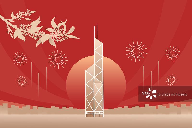 红金香港中银大厦矢量插画，香港庆典插画，桂花月亮国庆节春节新年中秋图片素材