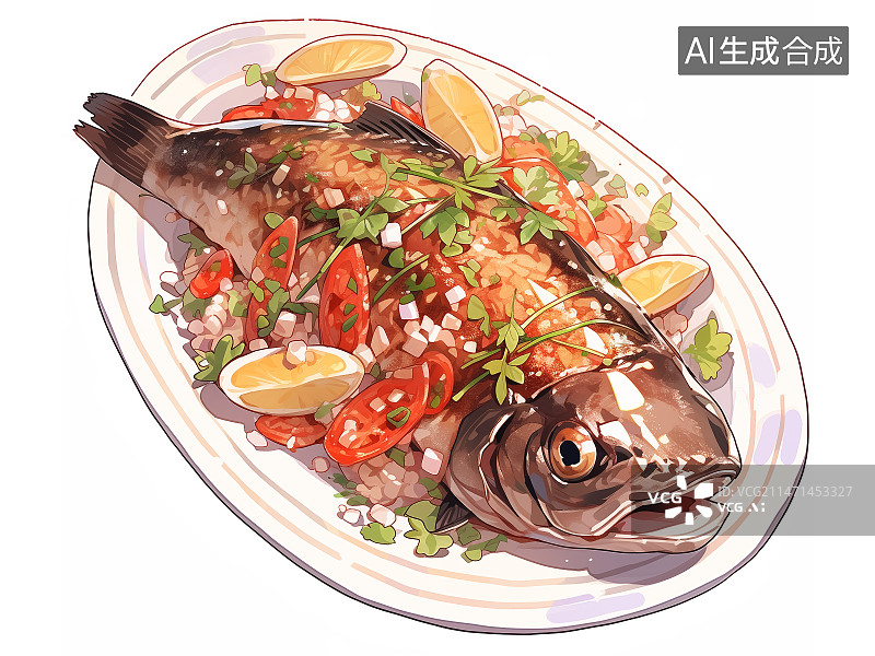 【AI数字艺术】红烧鱼插画，中华美食，手绘水彩风格，年夜饭团圆饭图片素材