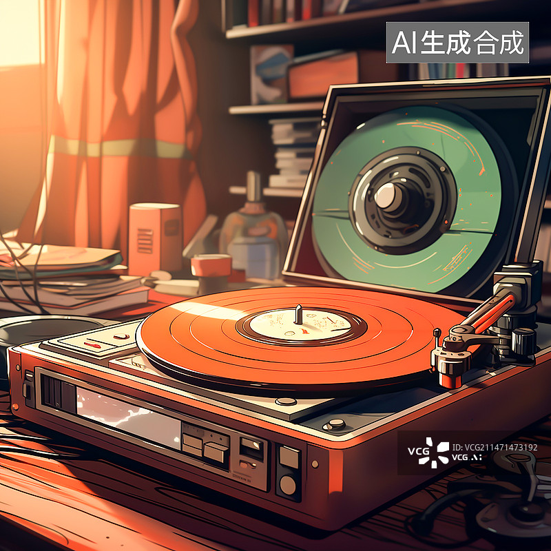 【AI数字艺术】桌上老式复古唱片机图片素材