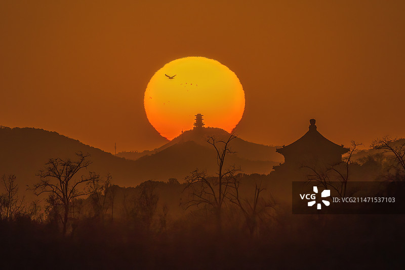 日落双阁图片素材