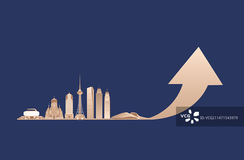 蓝金哈尔滨城市经济增长矢量插画，哈尔滨城市GDP，高端理财股市箭头涨幅上涨互联网金融证券活动图片素材