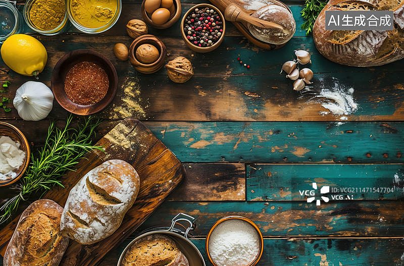 【AI数字艺术】木桌上各种食物的特写镜头图片素材