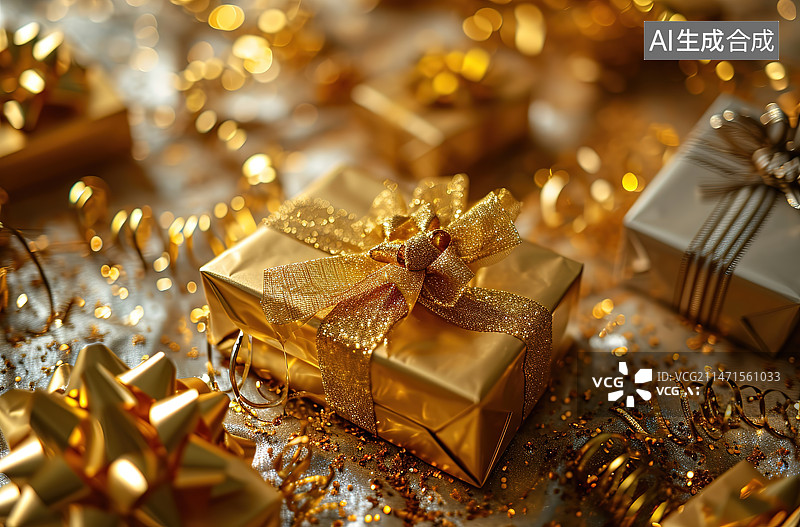 【AI数字艺术】桌子上的金色礼盒特写镜头图片素材