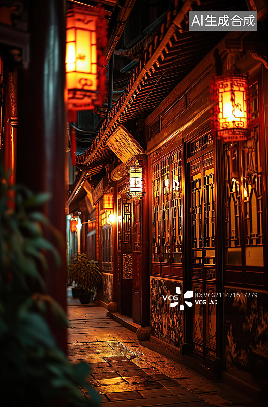 【AI数字艺术】老街中式古典建筑民居夜景图片素材