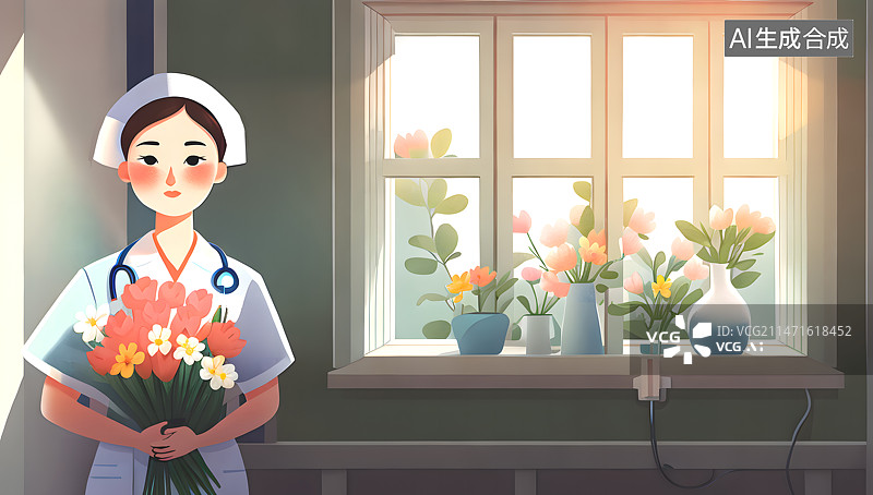 【AI数字艺术】护士节抱着鲜花的护士图片素材
