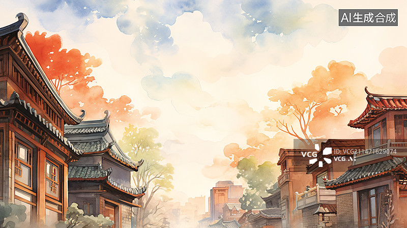 【AI数字艺术】有烟火气的民居胡同群水彩风格图片素材