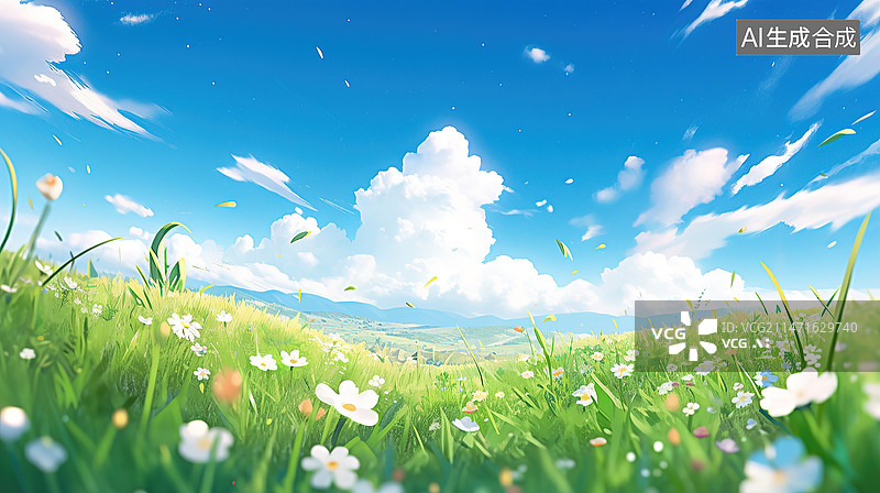 【AI数字艺术】AI插画蓝天白云草原桌面背景16：9图片素材