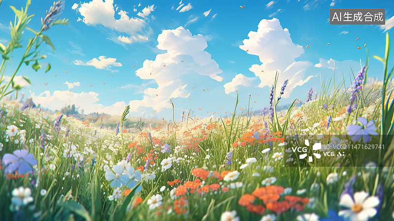 【AI数字艺术】AI插画蓝天白云草原桌面背景16：9图片素材
