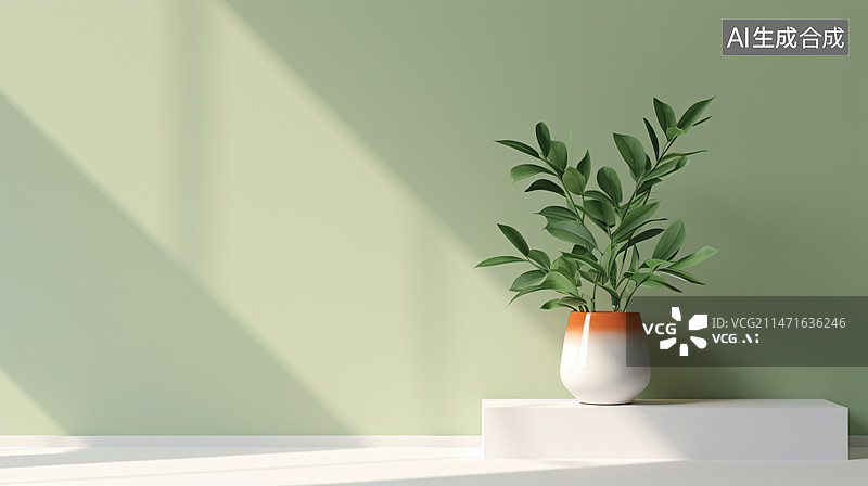 【AI数字艺术】现代极简室内设计房间里放着一盆绿植插画图片素材