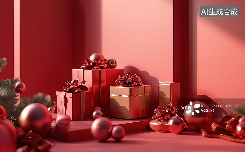 【AI数字艺术】红色背景上圣诞装饰的特写镜头图片素材