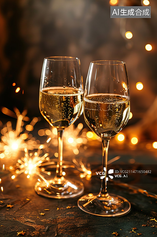 【AI数字艺术】桌上香槟长笛的特写镜头图片素材