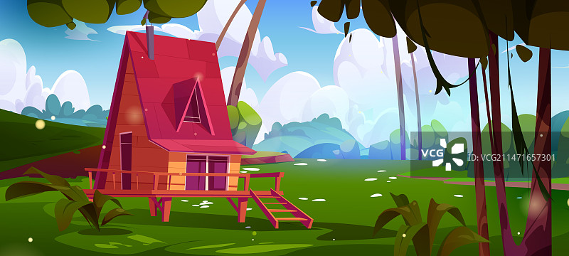 森林中树木和灌木丛间的舒适木屋图片素材