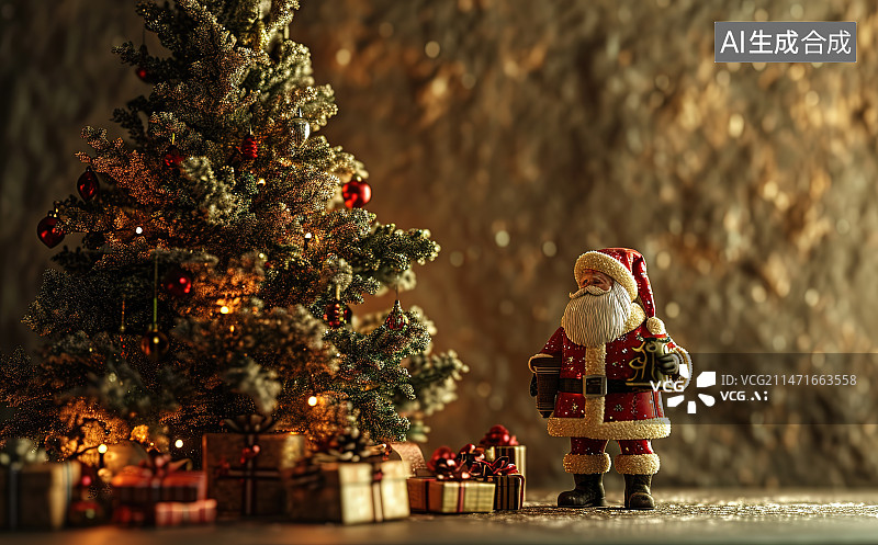 【AI数字艺术】圣诞树上的圣诞老人特写镜头图片素材