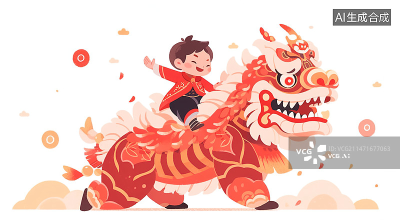 【AI数字艺术】新年欢乐喜庆中国福娃骑着舞狮子醒狮喜庆中国元素国潮插画图片素材