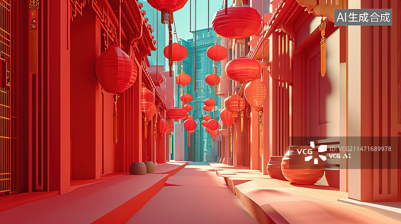 【AI数字艺术】挂着灯笼的红色灯笼图片素材