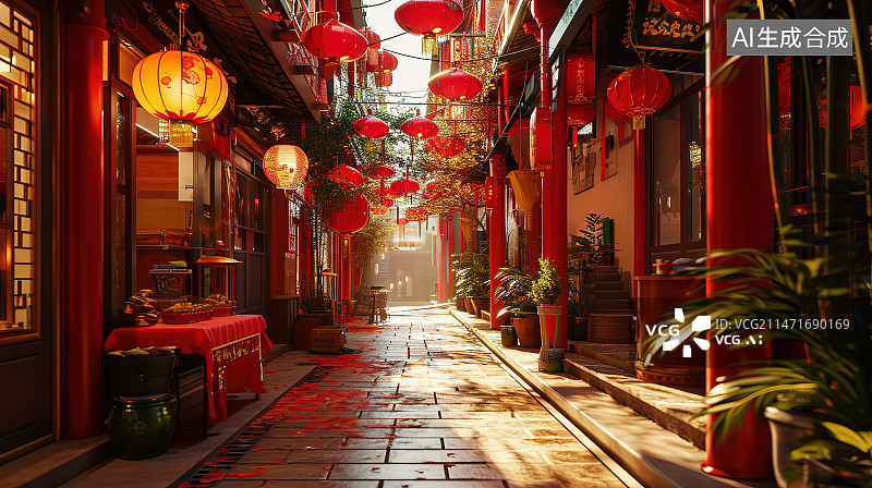【AI数字艺术】老街中式古典建筑民居夜景图片素材