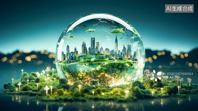 【AI数字艺术】碧绿草地上水滴水晶球中的城市图片素材