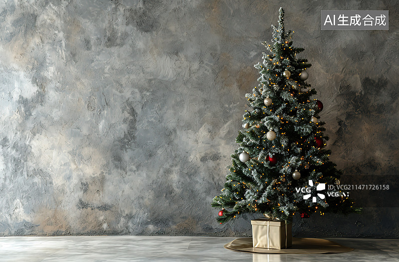 【AI数字艺术】靠墙的圣诞树上的装饰品特写镜头图片素材