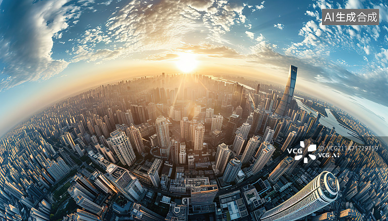 【AI数字艺术】鸟瞰城市全景日落时的城市天际线和图片素材