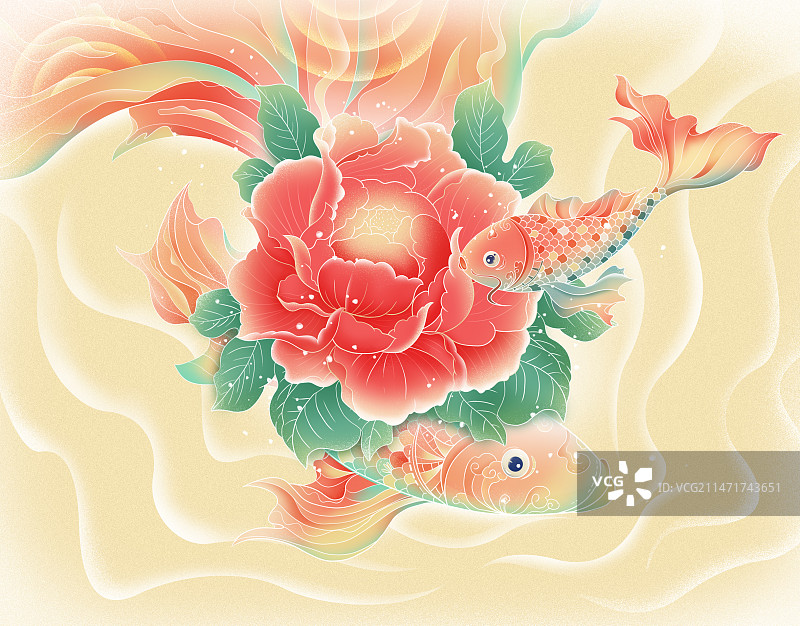 国潮风锦鲤牡丹花开富贵插画图片素材