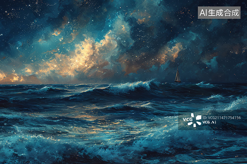 【AI数字艺术】小船行驶在星辰大海中图片素材