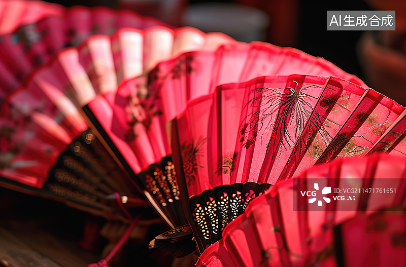 【AI数字艺术】市面上出售的红色折扇特写图片素材