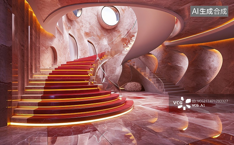 【AI数字艺术】现代建筑内部旋转楼梯图片素材