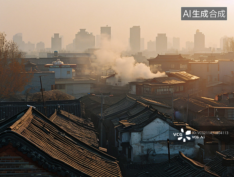 【AI数字艺术】民居胡同群远处现代化城市建筑场景图片素材