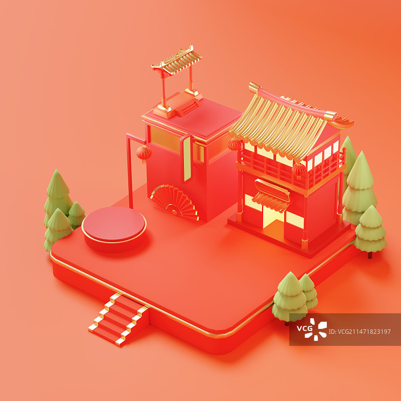 中国古代建筑和楼宇小场景建模插画图片素材