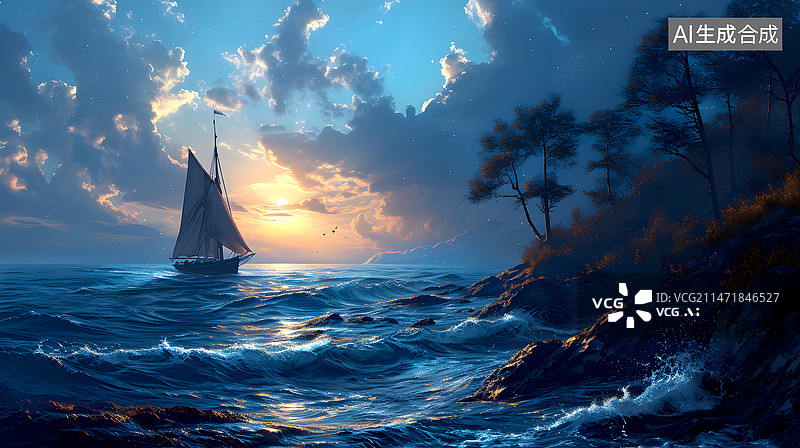 【AI数字艺术】帆船行驶在星辰大海场景浪漫插画图片素材