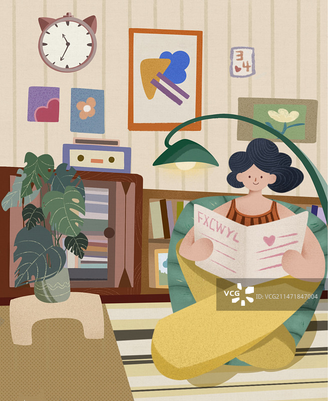 扁平肌理插画宅家看报图片素材