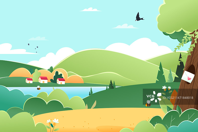 卡通春季出游旅行踏青自然风光风景景观春天节气节日少女出行景点拍照打卡公园游玩攻略女孩城市渐变矢量插画图片素材