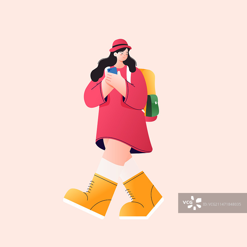 卡通春季出游旅行踏青自然风光风景景观春天节气节日少女出行景点拍照打卡公园游玩攻略女孩城市渐变矢量插画图片素材