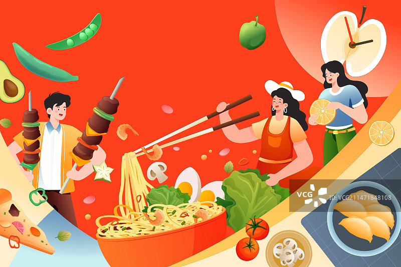 卡通吃饭聚会餐饮美食烧烤食材面条烹饪做饭食物水果美味电商促销外卖服务优惠活动团购消费券渐变矢量插画图片素材