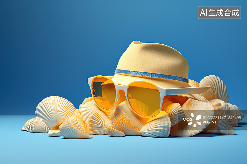 【AI数字艺术】蓝色背景下帽子和太阳镜的特写镜头图片素材