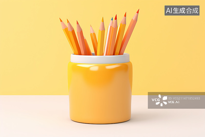 【AI数字艺术】黄色背景下的罐子里铅笔的特写镜头图片素材