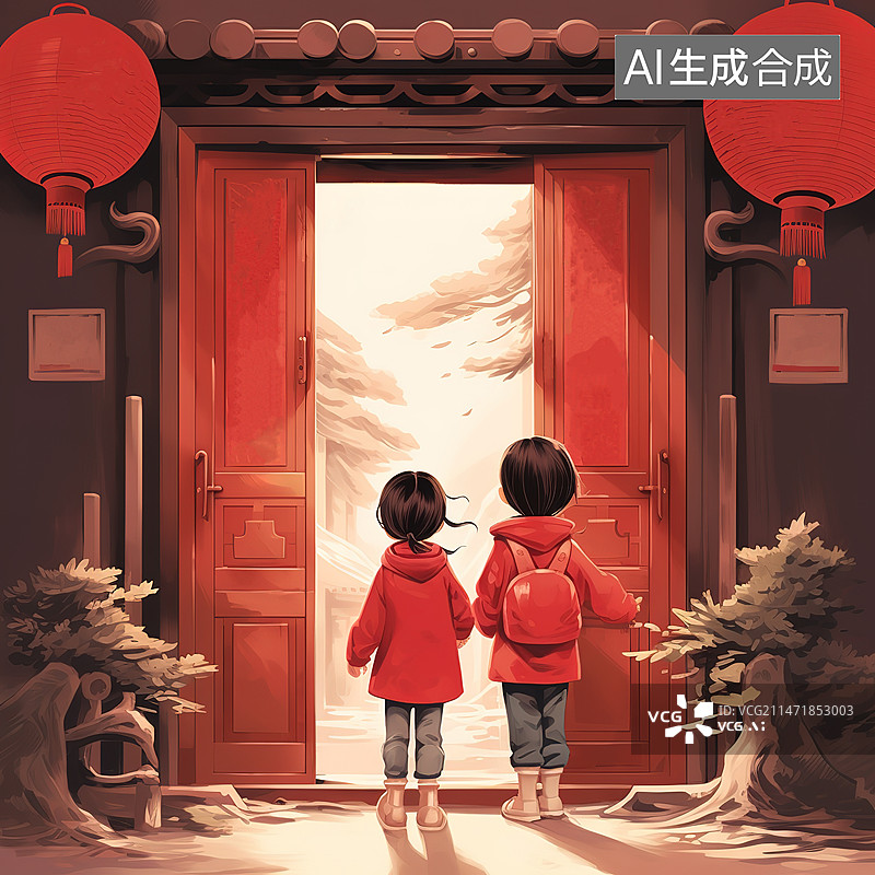 【AI数字艺术】可爱的男孩女孩庆祝新年图片素材