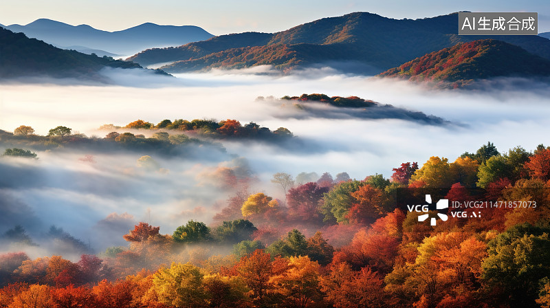 【AI数字艺术】航拍视角迷雾下的森林图片素材