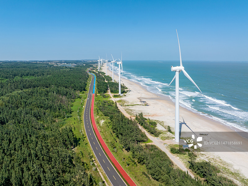 航拍海南环岛旅游公路风车海岸景观图片素材