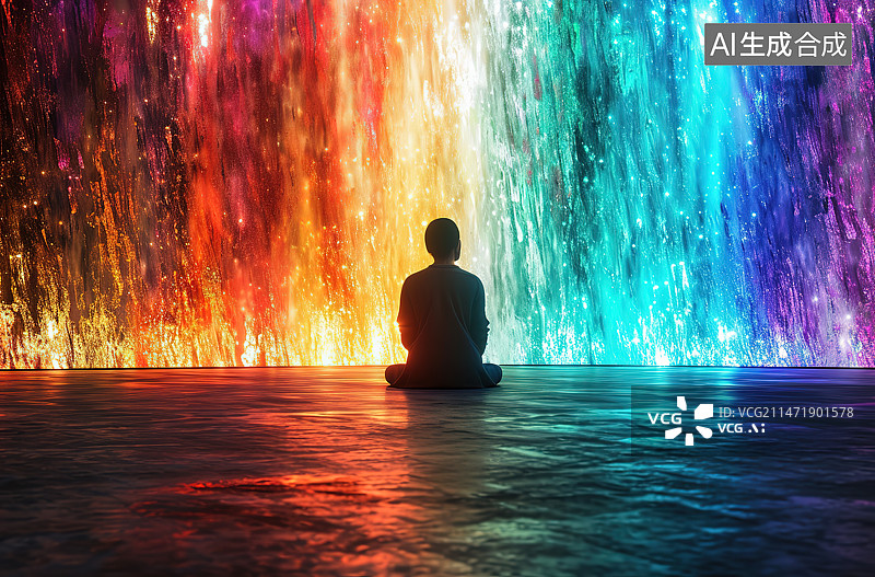 【AI数字艺术】夜晚站在灯火通明的喷泉旁的人的后视图图片素材
