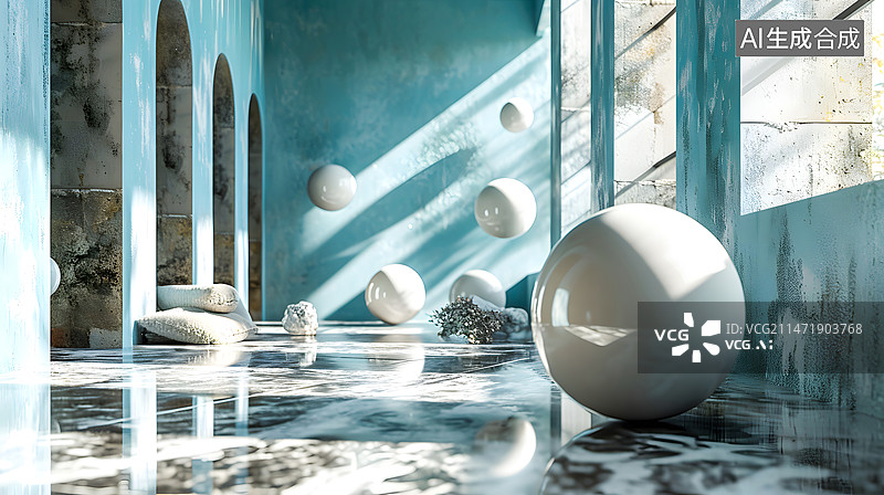 【AI数字艺术】充满球体的房间图片素材