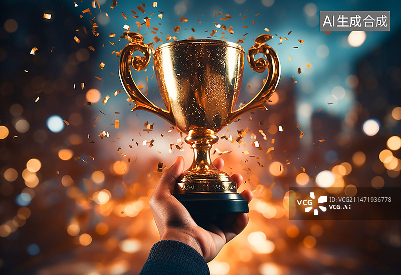 【AI数字艺术】手拿着金色奖杯庆祝胜利的高光时刻图片素材