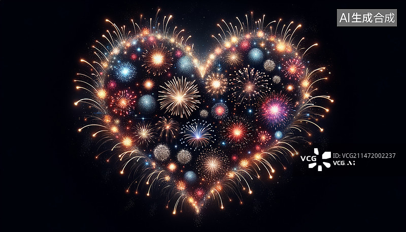 【AI数字艺术】情人节浪漫烟花背景，烟花，烟花背景，爱心烟花，情人节背景图片素材