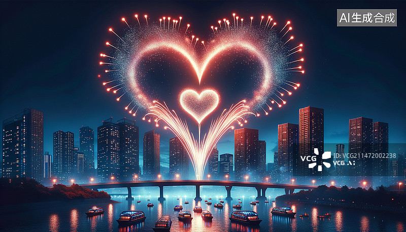 【AI数字艺术】情人节浪漫烟花背景，烟花，烟花背景，爱心烟花，情人节背景图片素材