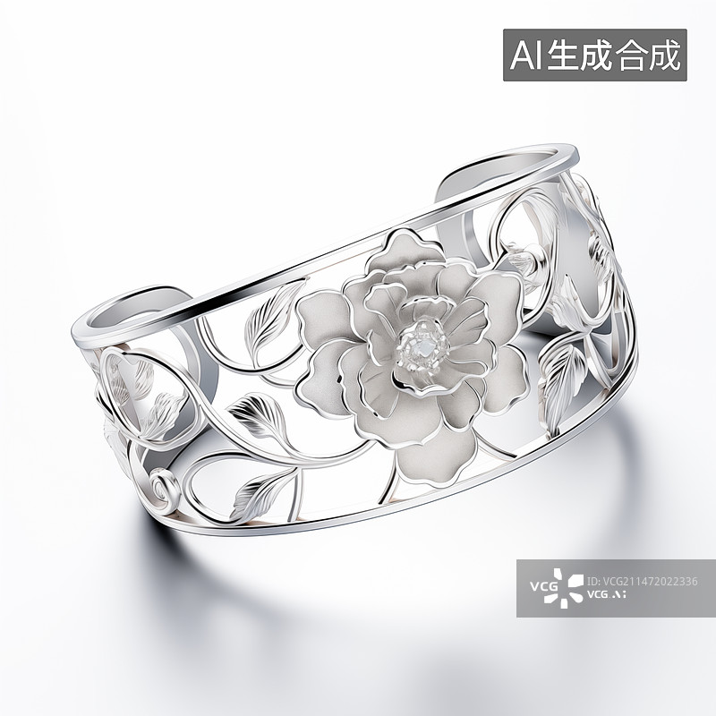 【AI数字艺术】时尚首饰牡丹花图案纯银手镯艺术设计图片素材